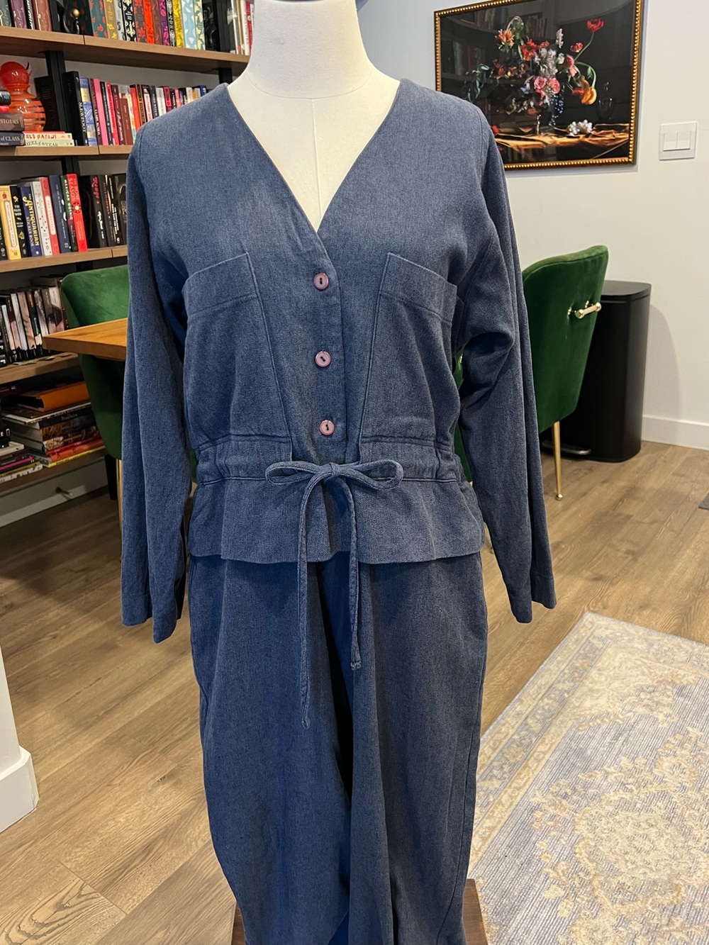 Black Crane Navy Button-Front Jumpsuit M
